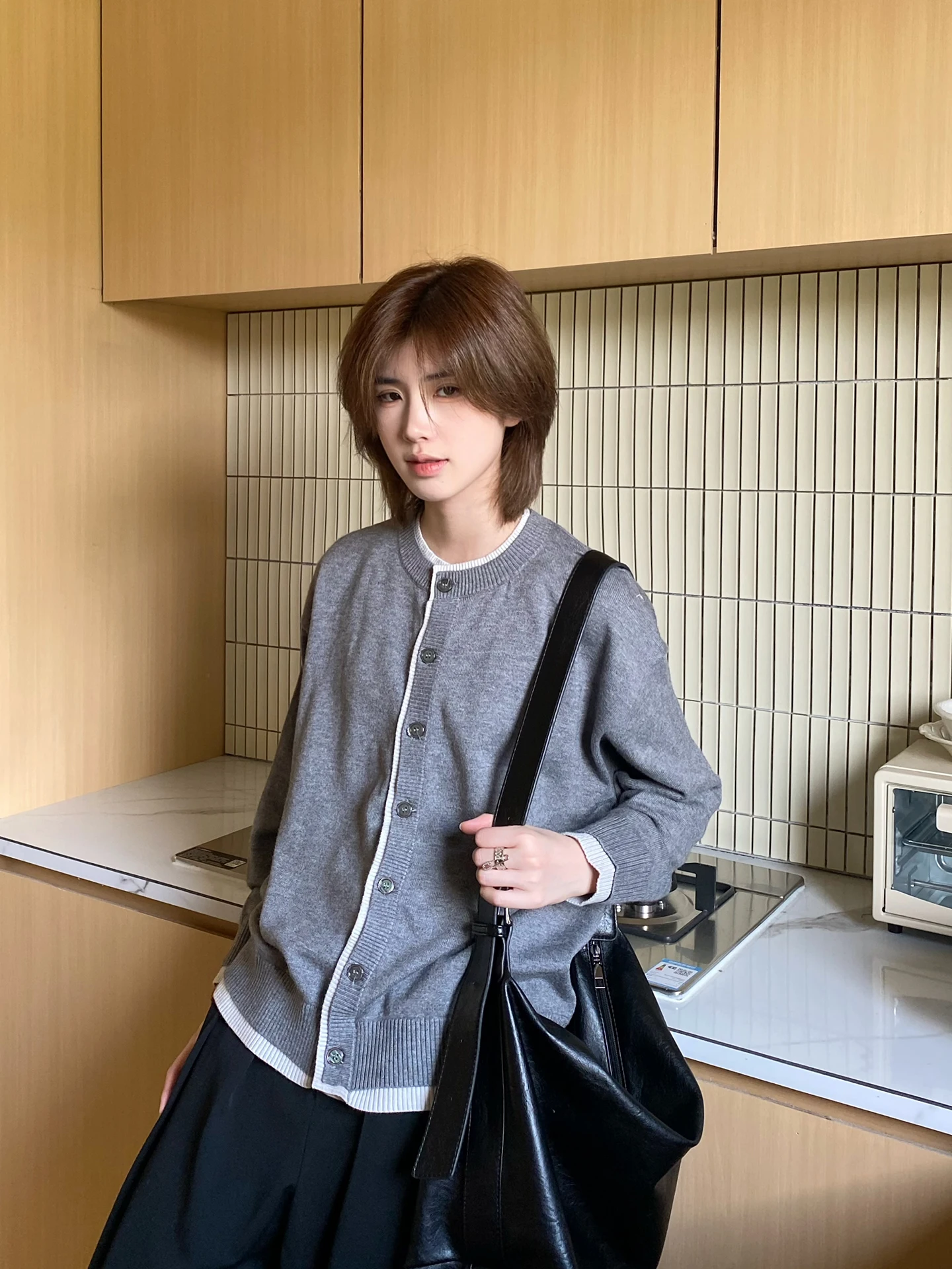 American Retro Color Block Knitted Open Cardigan Casual Slim Fit Unisex Long Sleeve round Neck Pullover Autumn Wear Polyester...