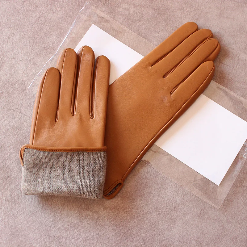 Guantes de piel de oveja de Color para mujer, de piel auténtica, forro de lana liso a la moda, cálidos para viajes al aire libre y conducir, primavera y otoño