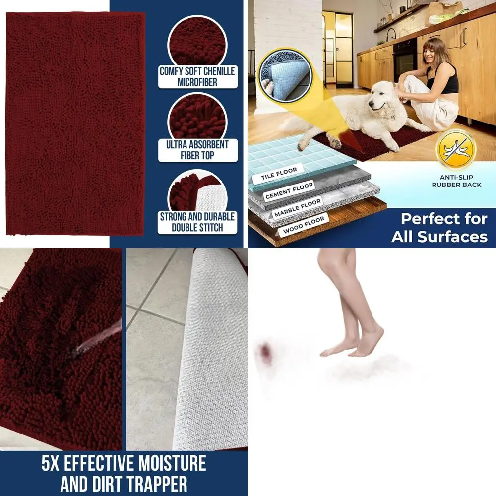 

Quick-Dry Chenille Microfiber Bath Rugs, Non-Slip, Thick & Absorbent, XL Red 59x35 for Bathroom & Kitchen