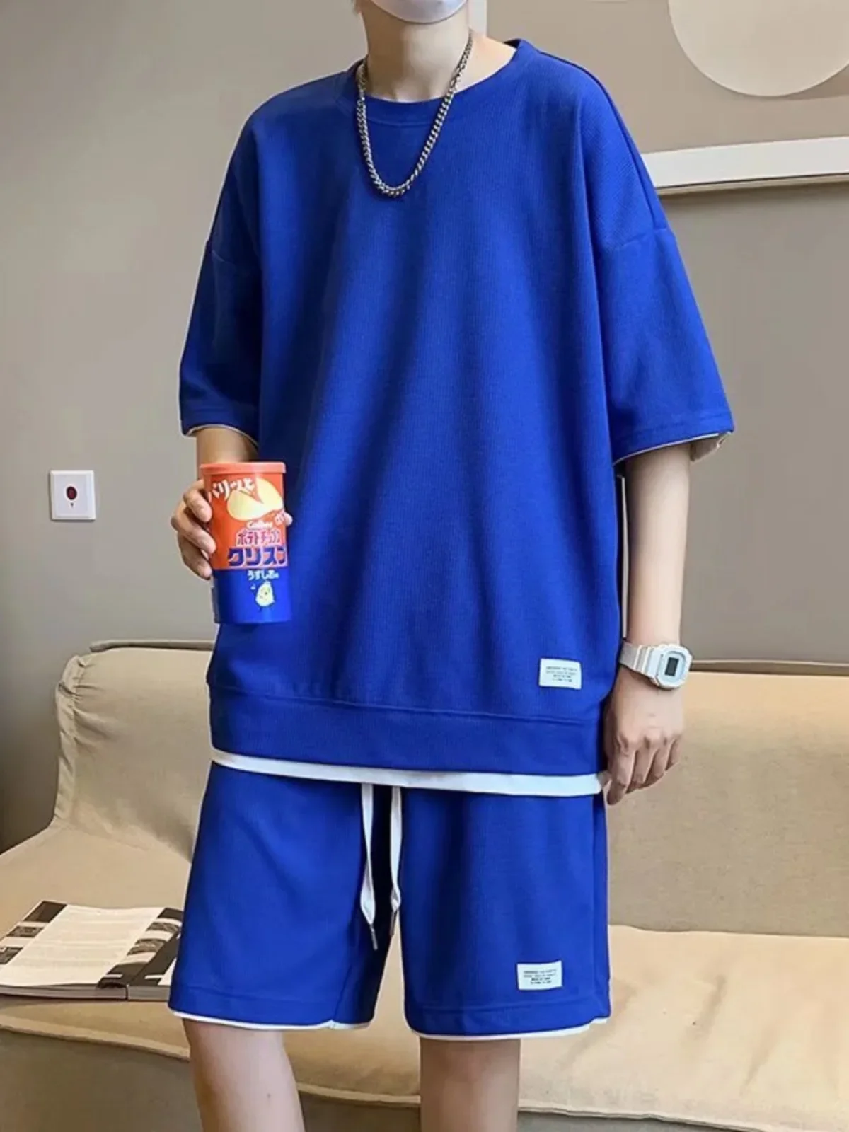 

New Summer Men Waffle Sets Casual T-Shirt And Shorts Set Male Sports Suit Solid Color Tracksuit Loose Suits Size 5XL