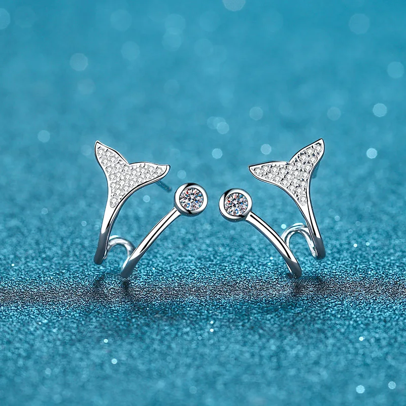 

S925Women's Sterling Silver Stud Earringspt950High-Profile Figure Little Fish Tail Micro Inlaid Gravel Earrings Eardr