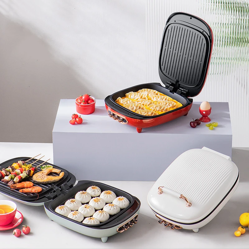 กระทะอบไฟฟ้าเครื่องทำความร้อนสองด้านเครื่องทำบาร์บีคิวอัตโนมัติแบบแขวนสำหรับทอดอาหารเช้า