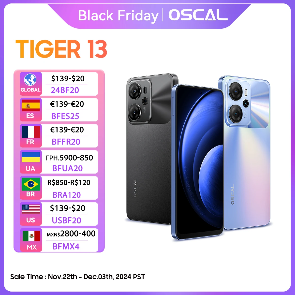 OSCAL TIGER 13 5G 스마트폰 – Unisoc T760, 6.67인치 IPS 디스플레이, 8GB RAM + 256GB 저장공간, 50MP AI 카메라, NFC 지원, 5000mAh 배터리