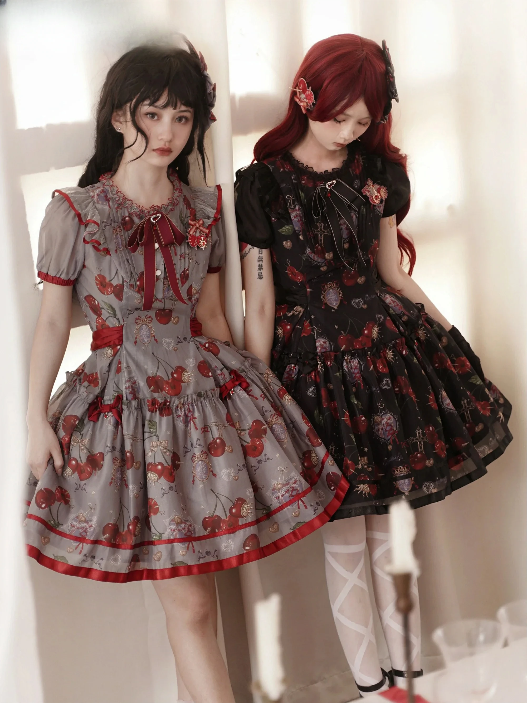 

Sweet Print Lolita Jsk Dress Spring and Autumn New Retro Cute Bow Girls Women High Waist Short Sleeve Op Dresses