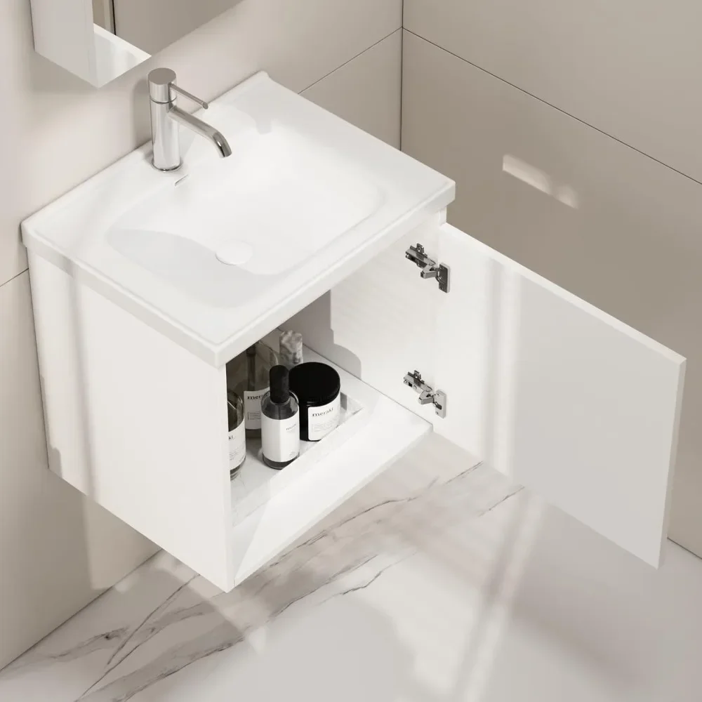 Tocador de baño con lavabo, tocador de baño pequeño flotante montado en la pared con puerta suave y gabinete moderno