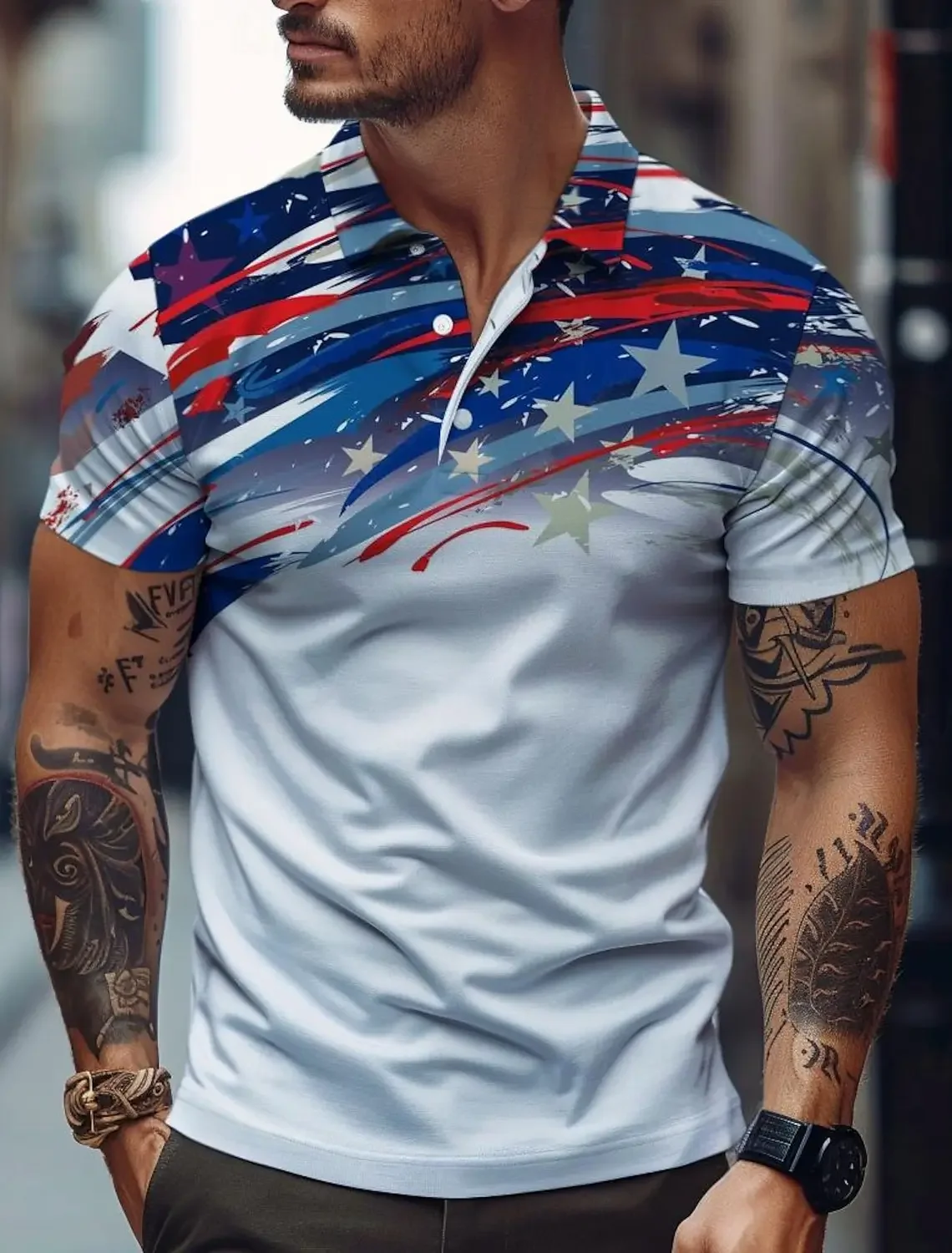 Polo de Golf con estampado 3D de bandera americana para hombre, Polo de poliéster de manga corta con solapa microelástica