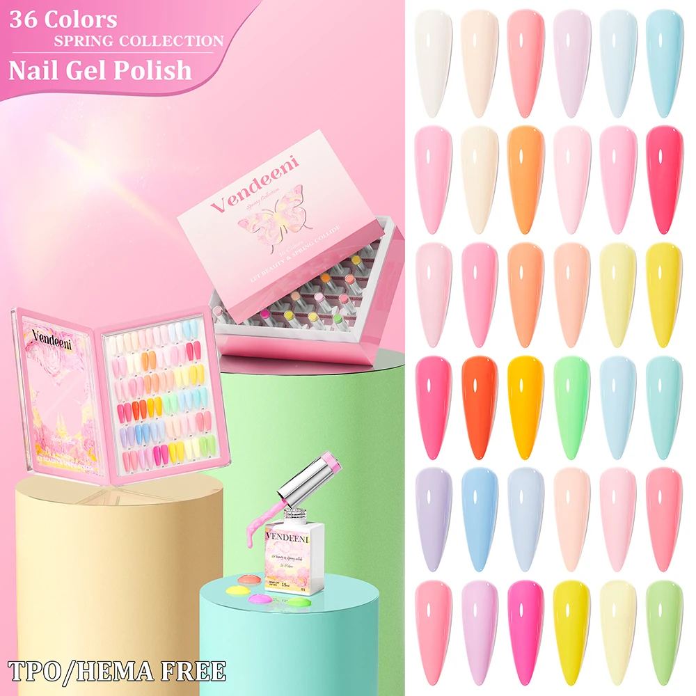 

Vendeeni 36 Colors/set Pink Rainbow Spring High Pigment Pure Color Crystal Gel Nail Polish With Color Card TPO/HEMA FREE