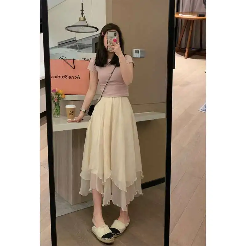 Chiffon Skirt Long Skirt Make You Look Slim Versatile Elastic Waist Multi-layer Gentle Irregular Skirt Apricot Color A-line Mesh