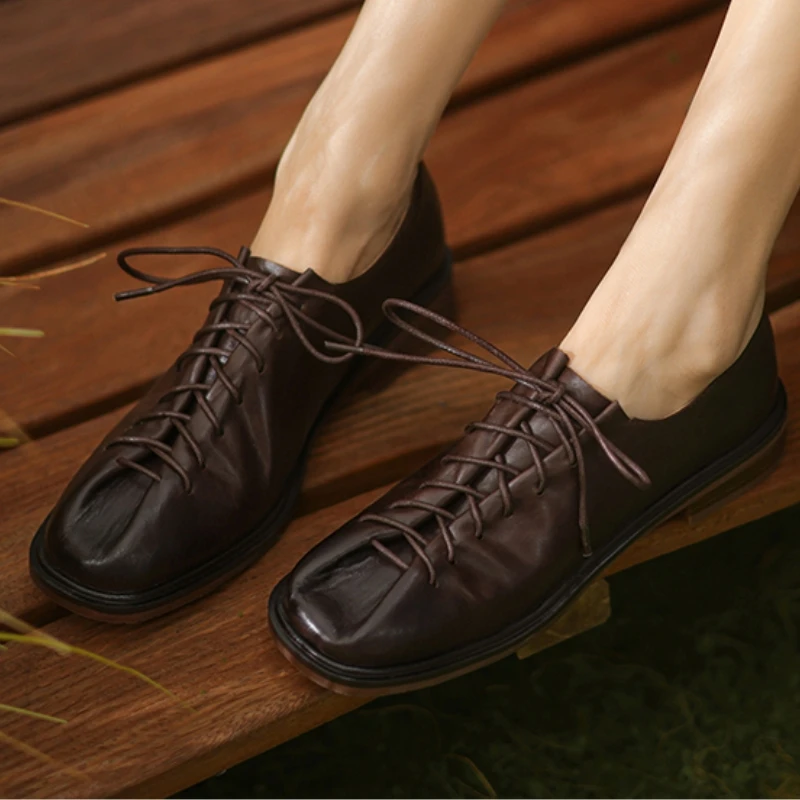 2026 New Women's Loafers Flats Shoes Spring Autumn Genuine Leather Casual Lace-up Walking Oxfords Shoes Black Flats Comfortable