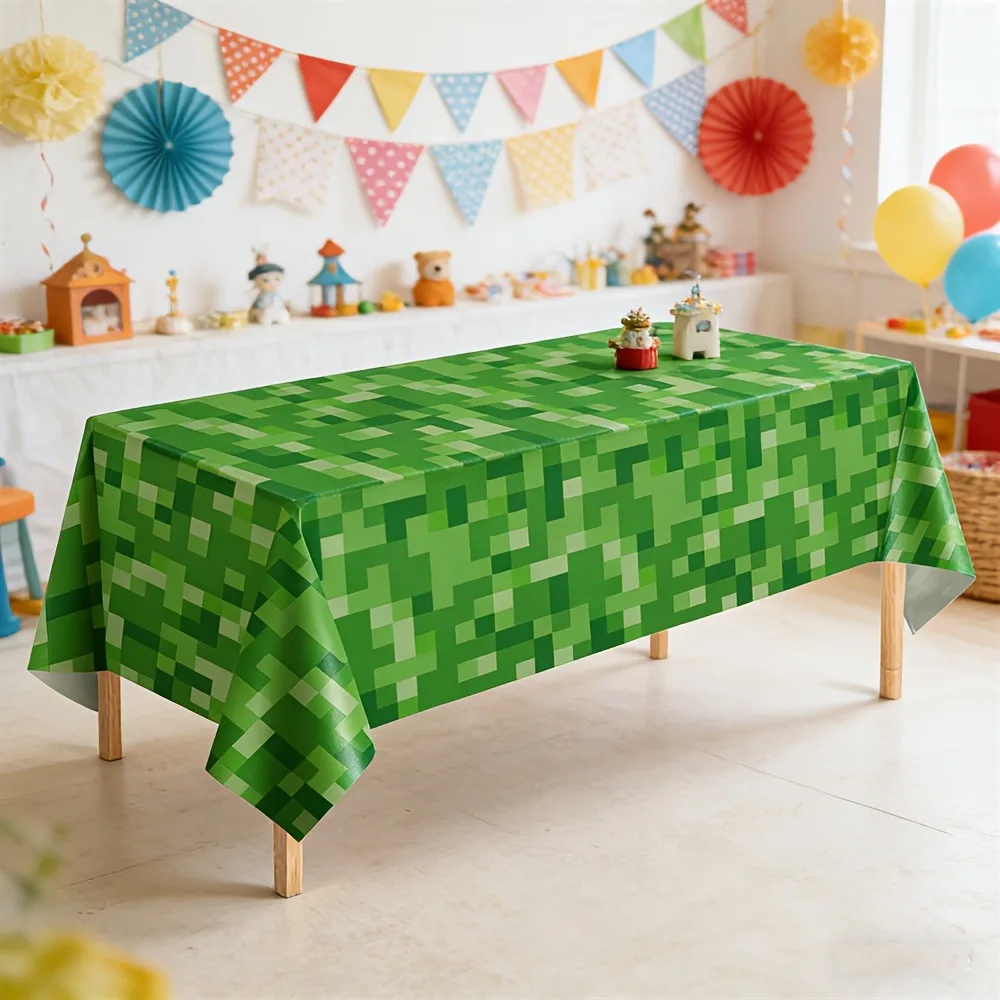 Creeper Face Tablecloth Disposable PE 137x274cm for Gamer Birthday Party – Waterproof, Easy Clean, Pixel Green Camo Design view 5