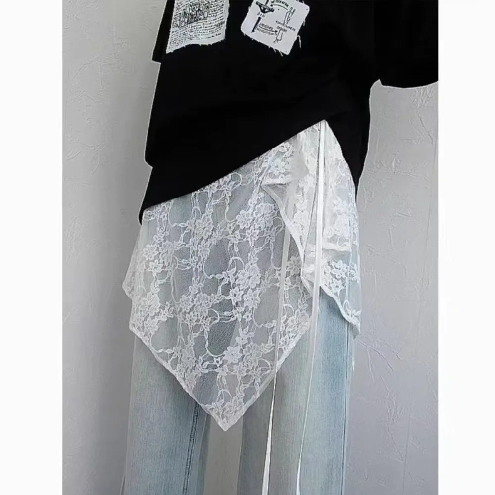 French Lacing Lace Mini Skirt Irregular Hemline Y2K Streetwear Ruched Skirts Harajuku Embroidery Apron Wrap Skirt