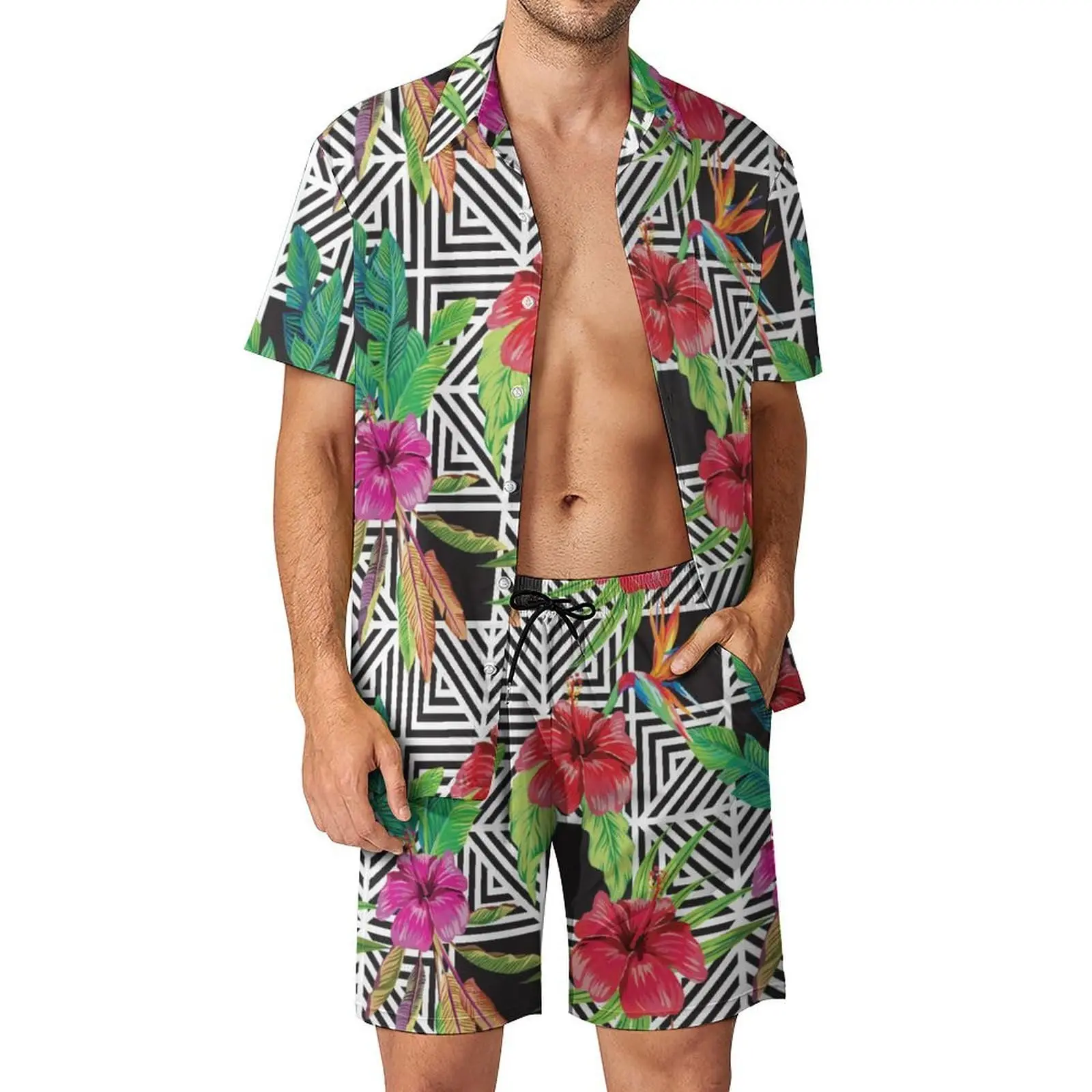 

Men's Casual Vacation Shirt Set, Short-sleeved Button-down Shirt, Hawaiian Monstera Tropical Printed Men's Shirt And Shorts