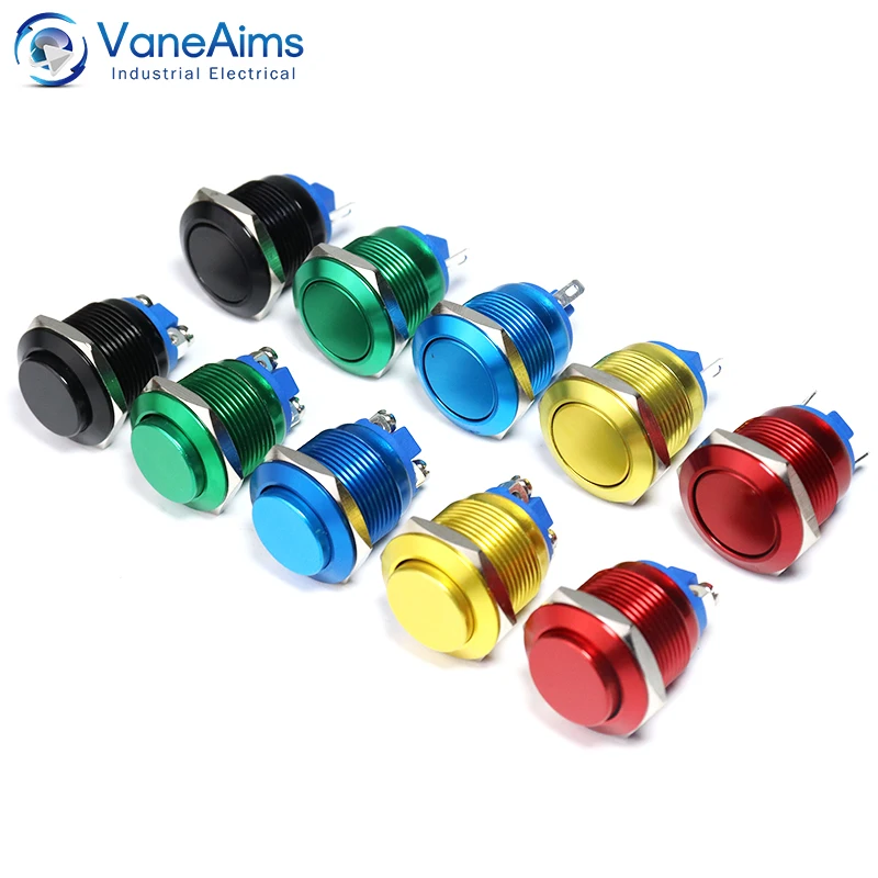 VaneAims Metal Push Button Switch HS19 Waterproof Momentary Self Reset Mini Switch Oxidation Red Yellow Blue Green Black 1A 19mm