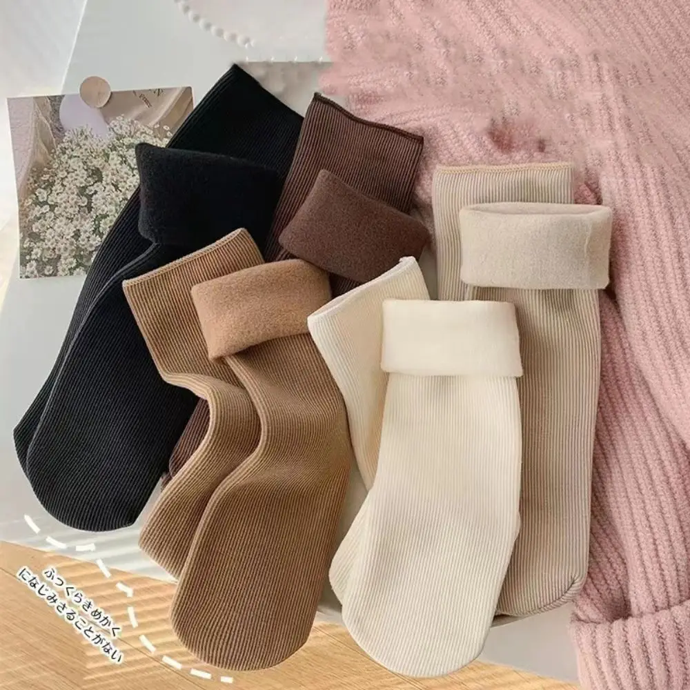 

5Pairs Stripe Thicken Warm Socks Simple Thicker Thermal Mid Length Socks Mid Tube Solid Color Winter Socks Women Sleeping Socks