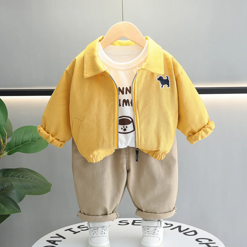 

2025 New Spring Autumn Boys Girls Embroidered Dog Solid Color Coat Long Sleeve Long Pants Casual Three Piece Set Casual Simple