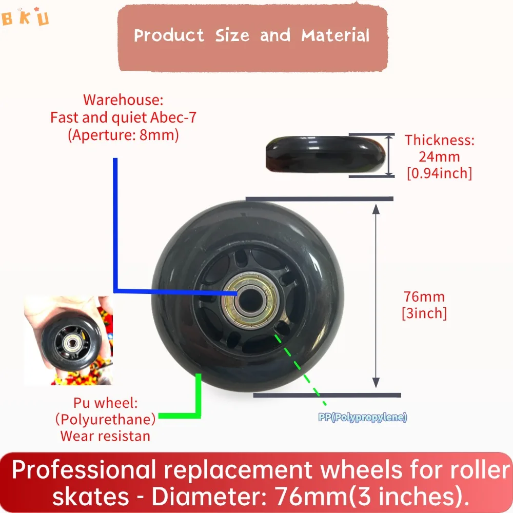 Ruedas de PU de repuesto de 3 pulgadas (76 mm) para patines en línea (paquete de 4), también aplicables a scooters, cochecitos, maletas, etc.