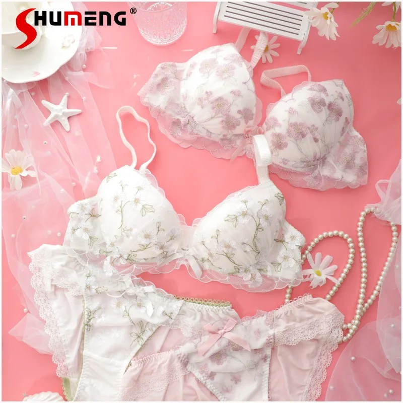 

Mesh Embroidery Lace Women's Underwear Japanese Style Underwire Push Up Bra Set Female Floral Print Sweet Brief Suits