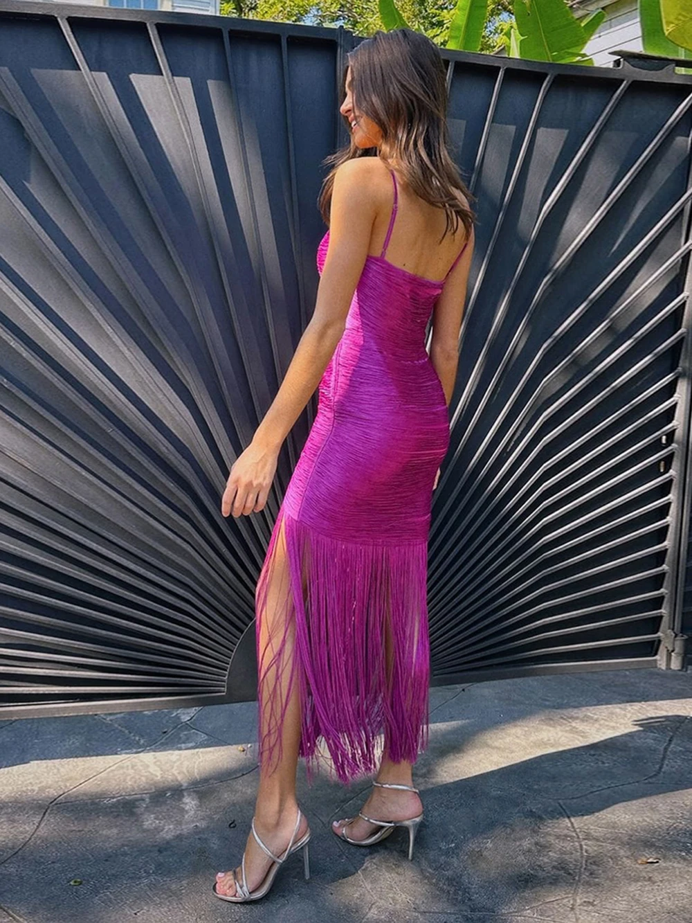 Modphy Wysokiej Jakości Sukienki Damskie z Frędzlami, Różowo-Czerwone, na Cienkich Ramiączkach, Długie, z Chwostami, Sukienka Bandage w Stylu Celebrytów, Sukienka na Bal, Vestidos