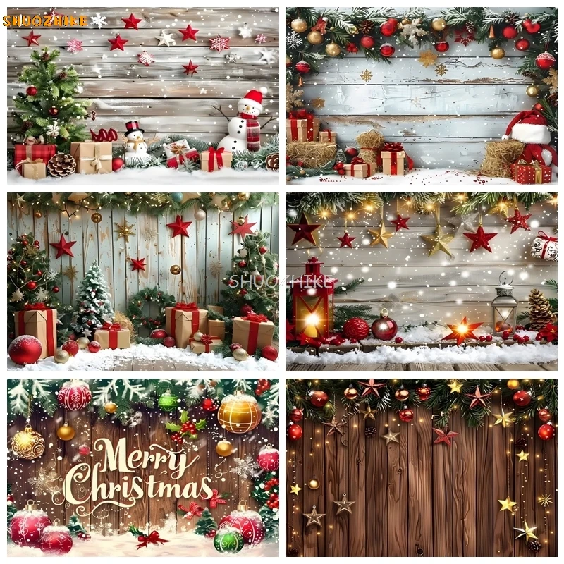 

Country Style Wooden Board Christmas Backdrop Photography Xmas Tree Gift Baby Portrait Photographic Background Party Decor Props