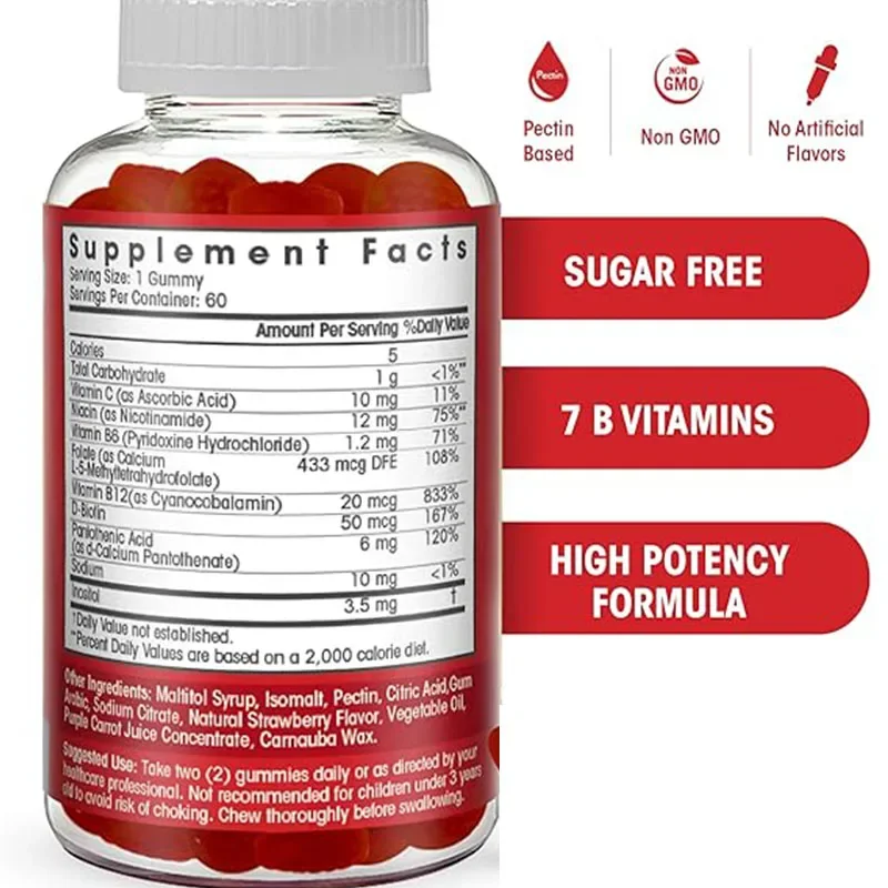 حلوى فيتامين ب الناعمة المعقدة خالية من السكر - فيتامين ب12، ب7، ب6، ب3 (نياسين)، ب5، ب8، ب9 (حماض فولك) - النظام الغذائي النباتي، كبار السن