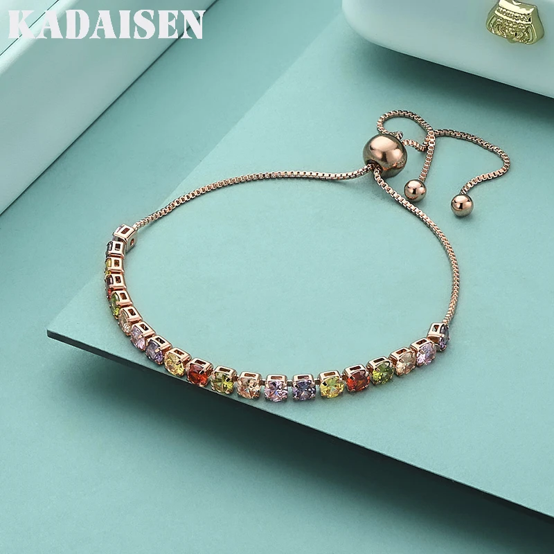 

925 Sterling Silver Rose Gold Colorful Zircon Chain Bracelet For Women Fashion Charm Party Wedding Jewelry Gifts