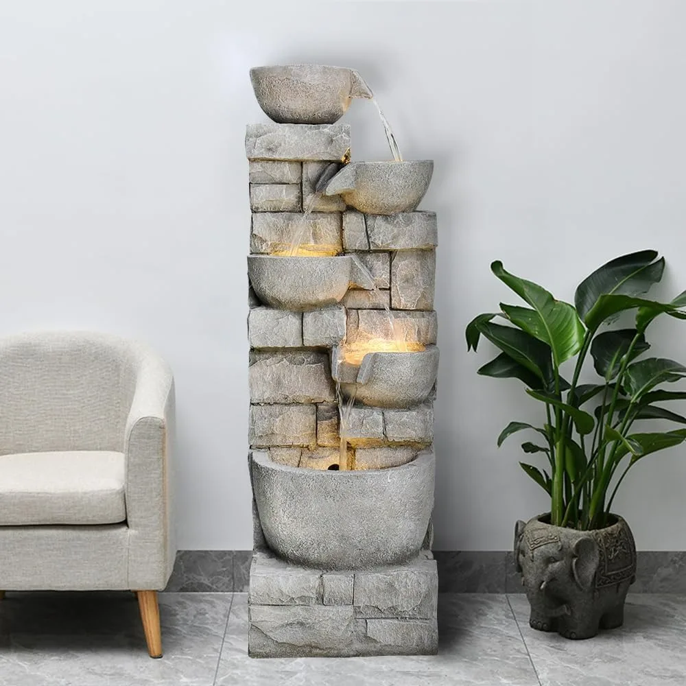 

5 Tier Waterfall Fountain Indoor with LED Lights, 39" H Stacked Stone Outdoor Water Fountain