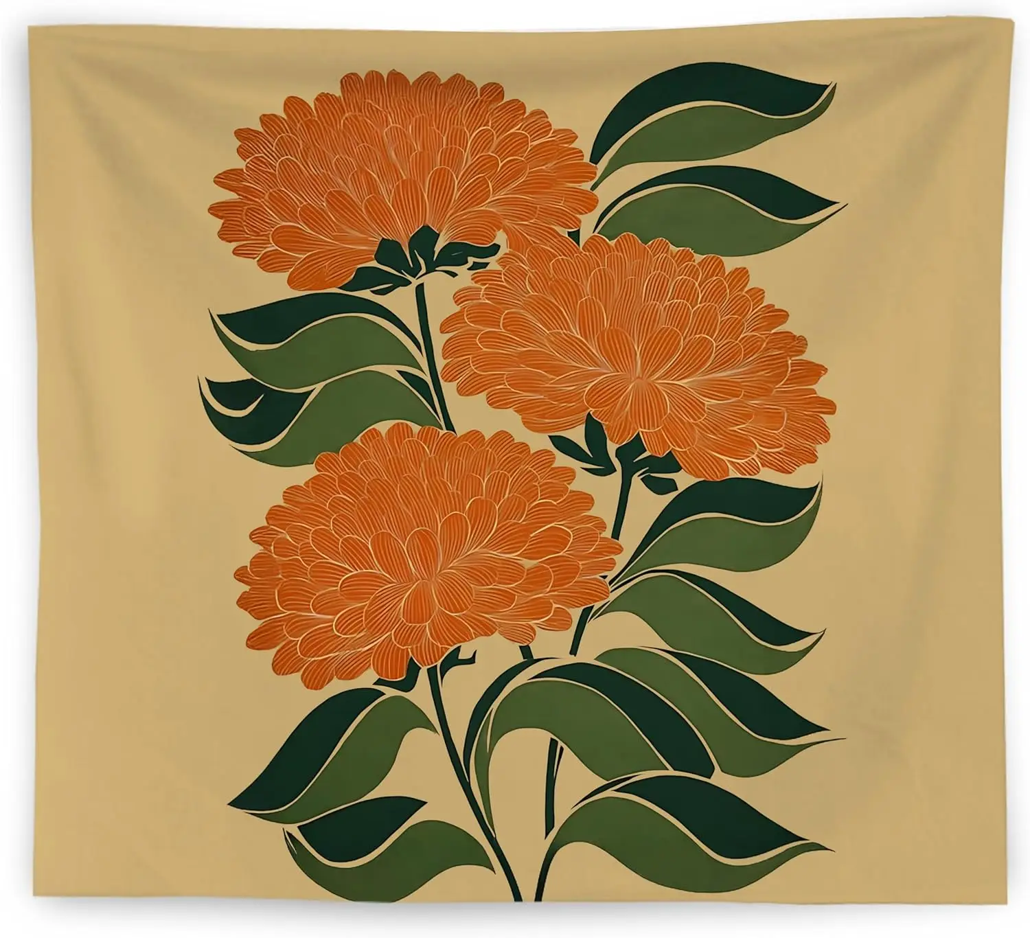 Retro Boho Orange Floral Tapestry Wall Hanging, Mid Century Modern Decor, Abstract Art Deco Flower Botanical Wall Blanket Decor