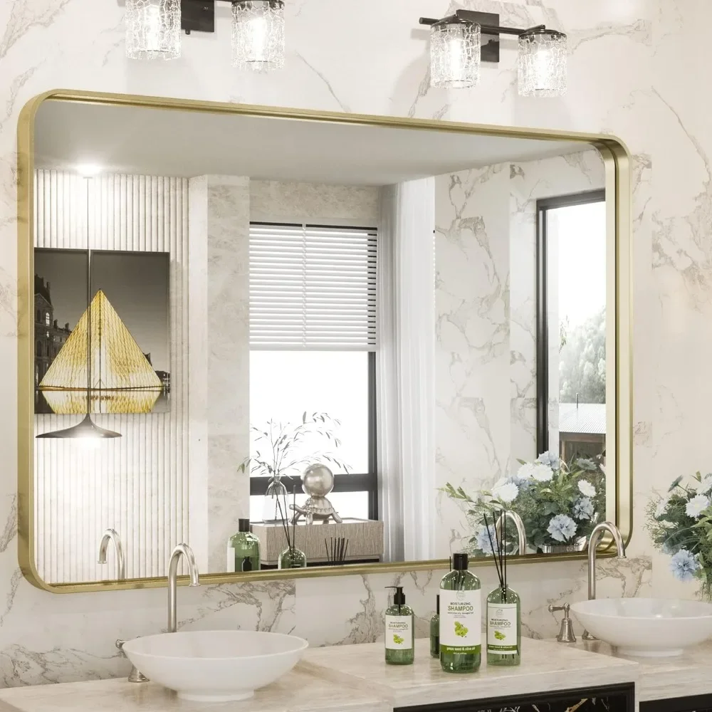 Gold Bathroom Mirror for Wall 40 x 30 Inch Rounded Corner Rectangle in Metal Frame Deep Set Design Hangs Horizontal Or Vertical