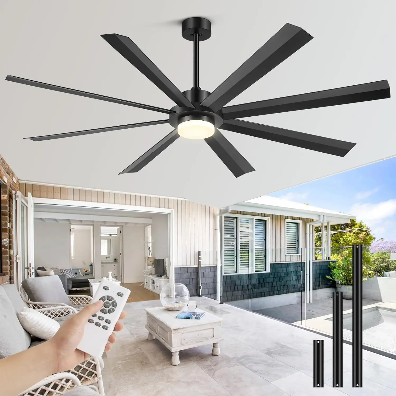 72 Inch Ceiling Fans with Lights and Remote, Large Ceiling Fan Light Outdoor, USA Original Patent, 3 Downrods, 8 ABS Blades and