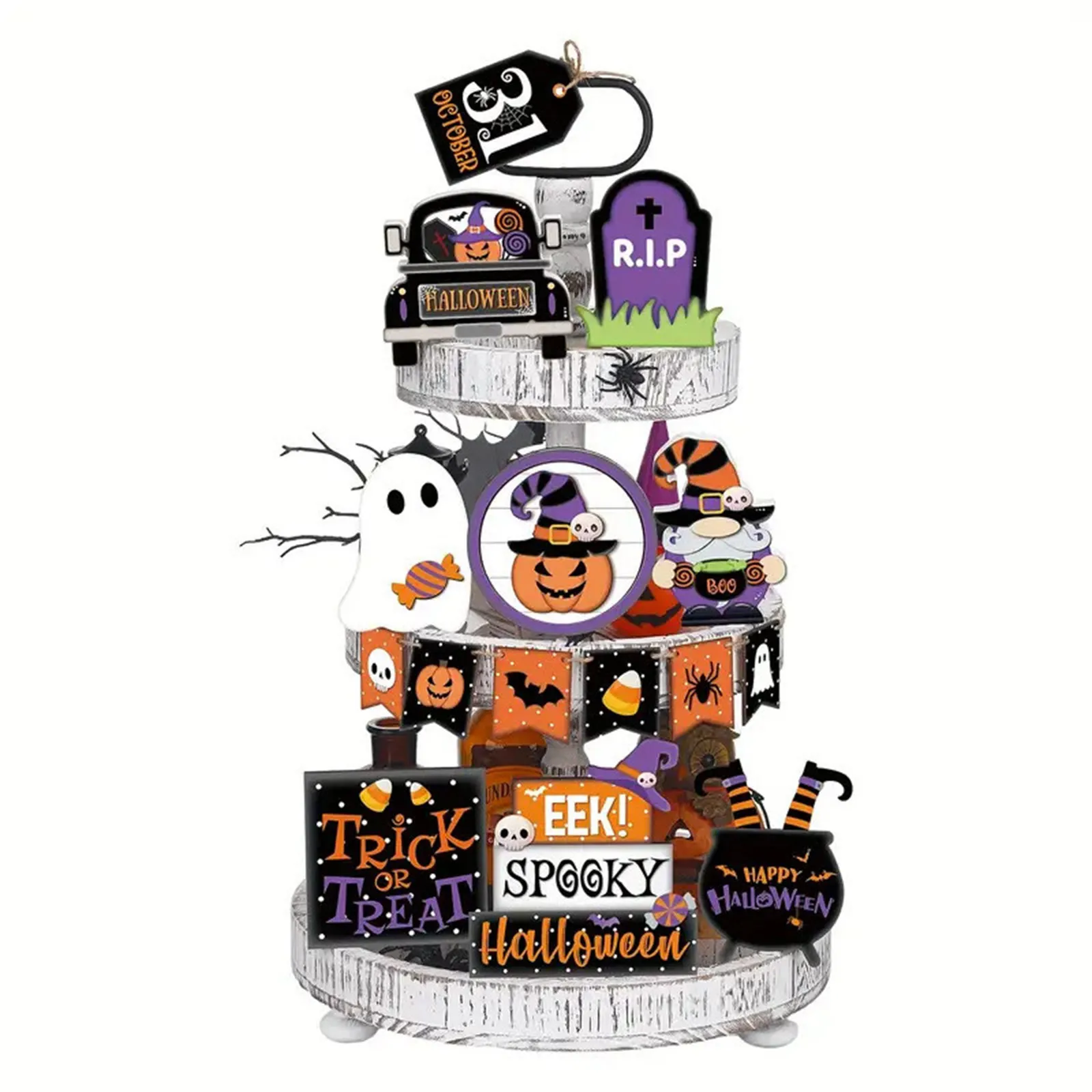 15pcs 2024 New Halloween Tiered Tray Decor Cute Wooden Signs Rustic Halloween Tier Tray Decorations Set For Halloween Party