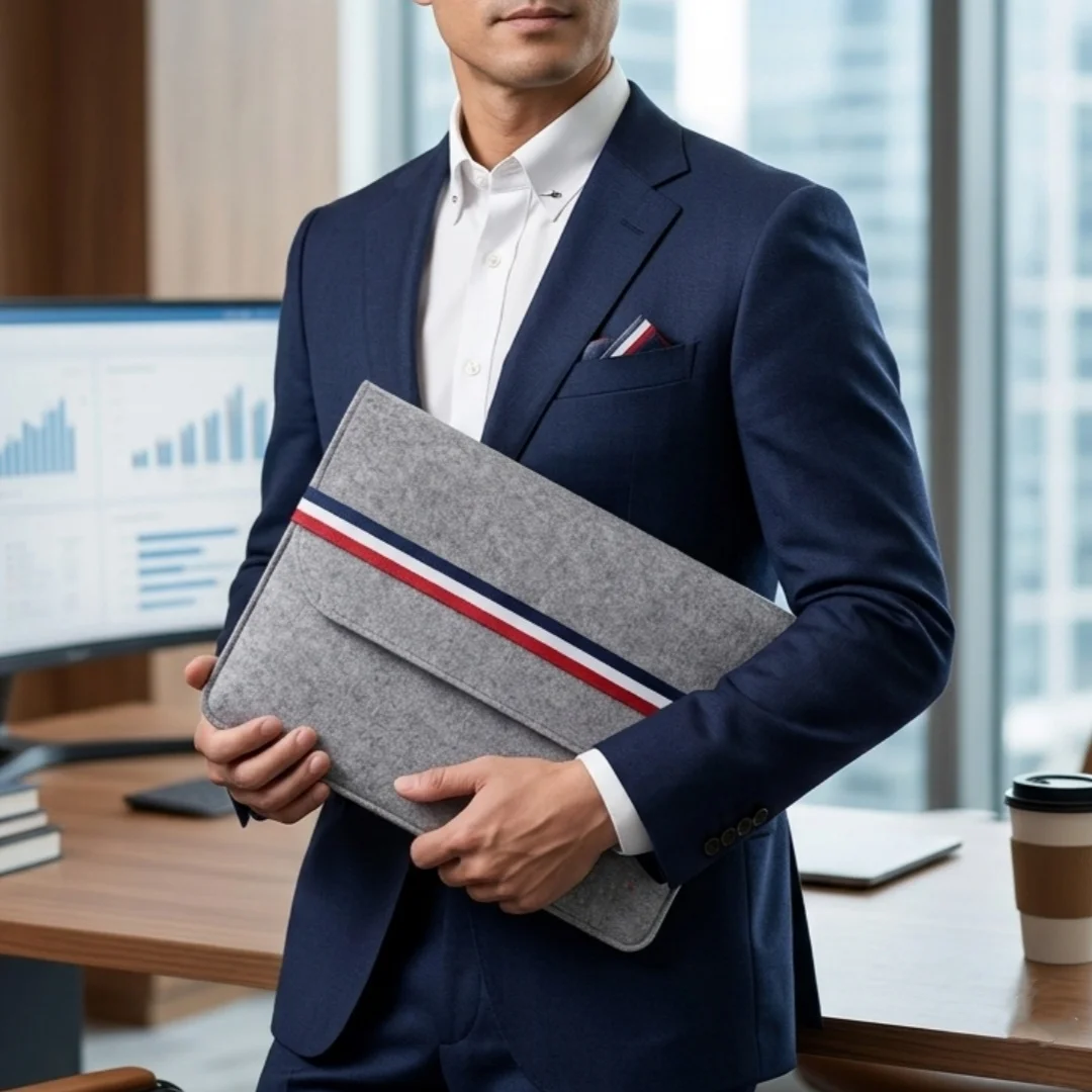 36x27cm Felt Laptop Sleeve for 13-14 Inch Shockproof Portable Case with Tri-color Woven Strap File Envelope Design