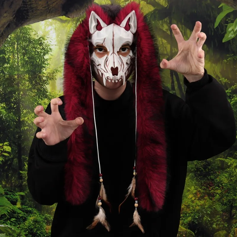 Maska wikinga z lisim uszami, maska wilka do cosplayu z sztucznym futrem na głowie