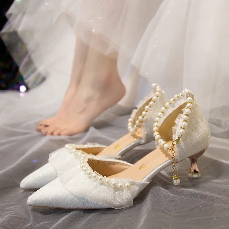 Elegant Pearl Weddings Bridal High Heels Shoes Woman 2026 Autumn Ankle Straps White Party Pumps for Women Silk Pointed Toe Shoes view 3