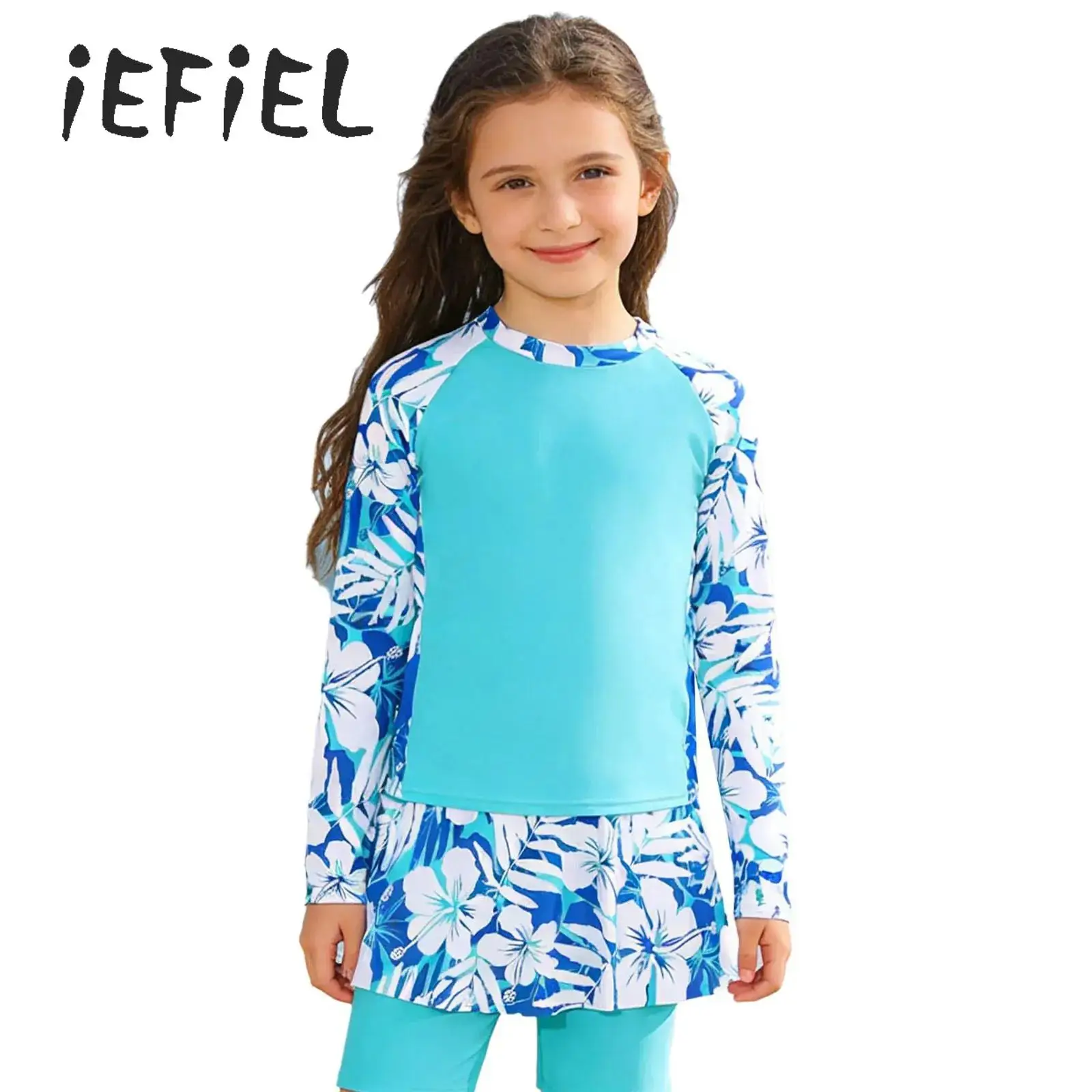 

Kids Girls 2 Pieces Printed Swimsuit Long Sleeve Top with Skirted Shorts Set Sun Protective Summer Beach Vacation Bathing Suit