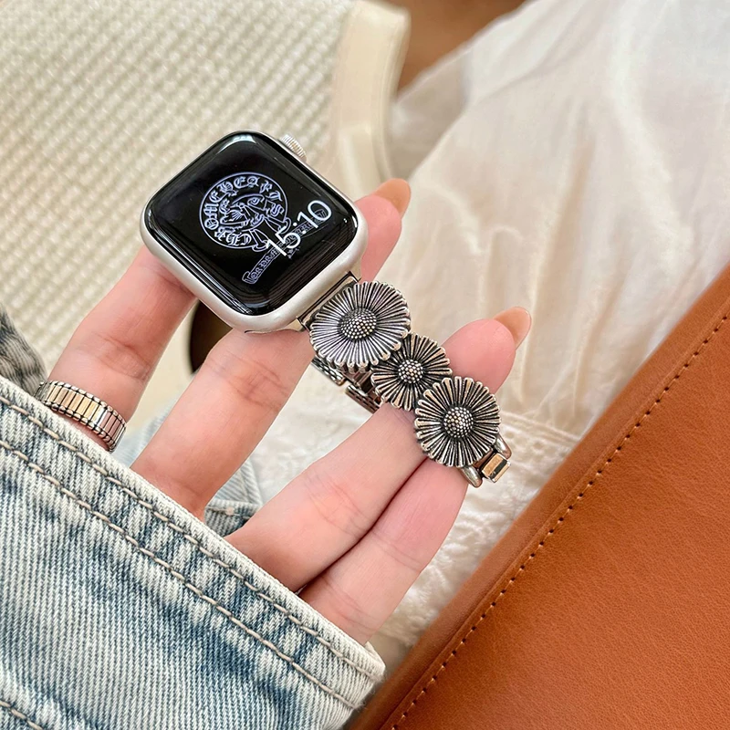 Vintage Sonnenblumen-Metallarmband für Apple Watch Zubehör 49 46 45 44 42 40mm Schmuckarmband für iWatch Band S11 10 9 8 SE 7 6