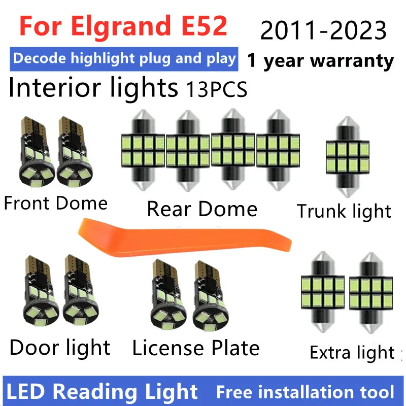 For Nissan Elgrand E52 2011 12 13 14-19 20 21 22 2023 LED Interior Light Bulb Kit Canbus Car Reading Dome Trunk Vehicle Lamp