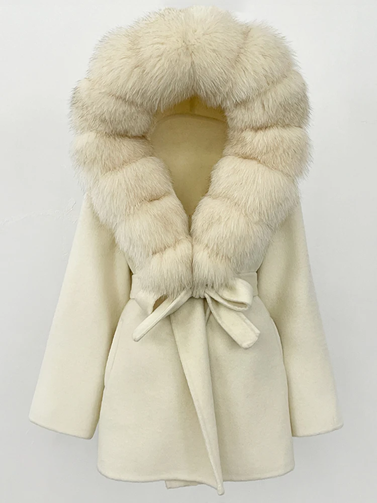 Women Hooded Belt Woolen Jacket Real Fox Fur Wool Coat Female Natural Fur Coat Lady 2025 Fashion Luxury Winter Clothes