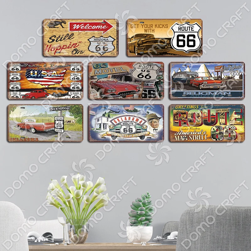 Route 66 License Plate Metal Tin Signs Vintage Motorcycle Car Metal Poster Wall Decor for Garage Bar Pub Moto Club