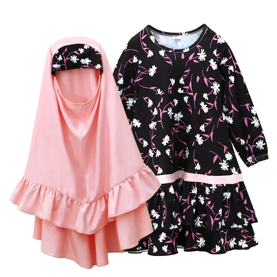 Abaya-Robe de prière maxi à imprimé de fleurs pour filles musulmanes, ensembles de foulards de sauna, robe arabe islamique pour enfants mignons, Kaftan de Dubaï, vêtements de Ramadan, Hijab