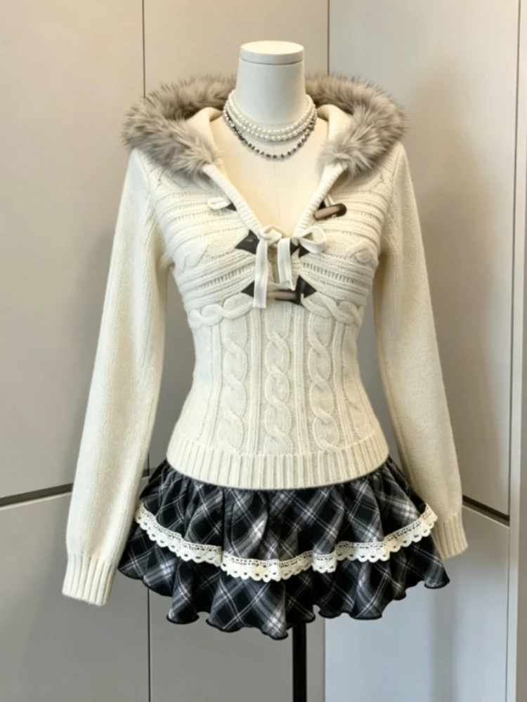 Y2K Subkultur Kapuzenpullover Damen Gothic Koreanisch Harajuku Slim Sweater mit Kunstfellkragen Modische Pullover