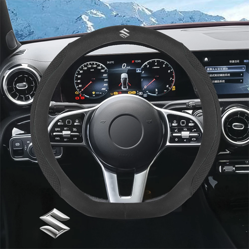 

Carbon Fiber Leather Car Steering Wheel Cover Auto Emblem Accessories For Suzuki Grand Swift Jimny Vitara Baleno SX4 Samurai