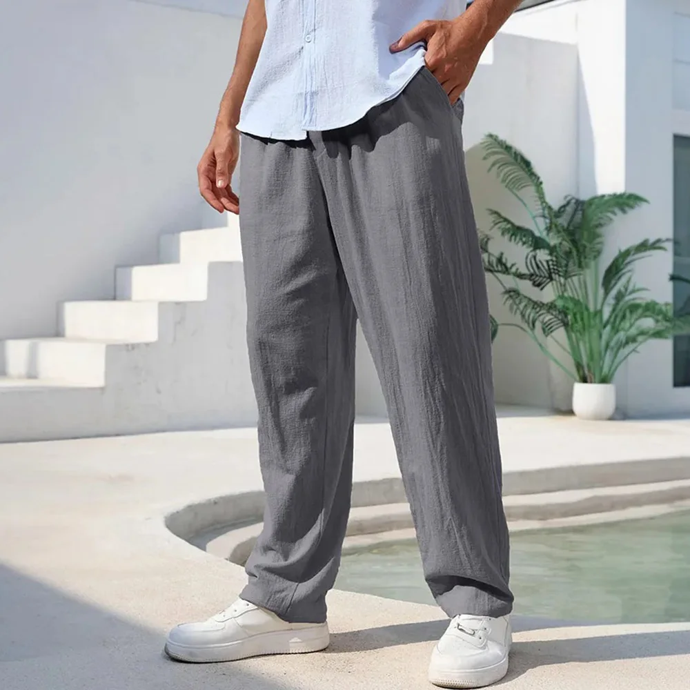 

Men's Cotton Linen Pants Lightweight Breathable Casual Solid Color Simple Basic Style Straight Leg Cozy Trousers Male Pants