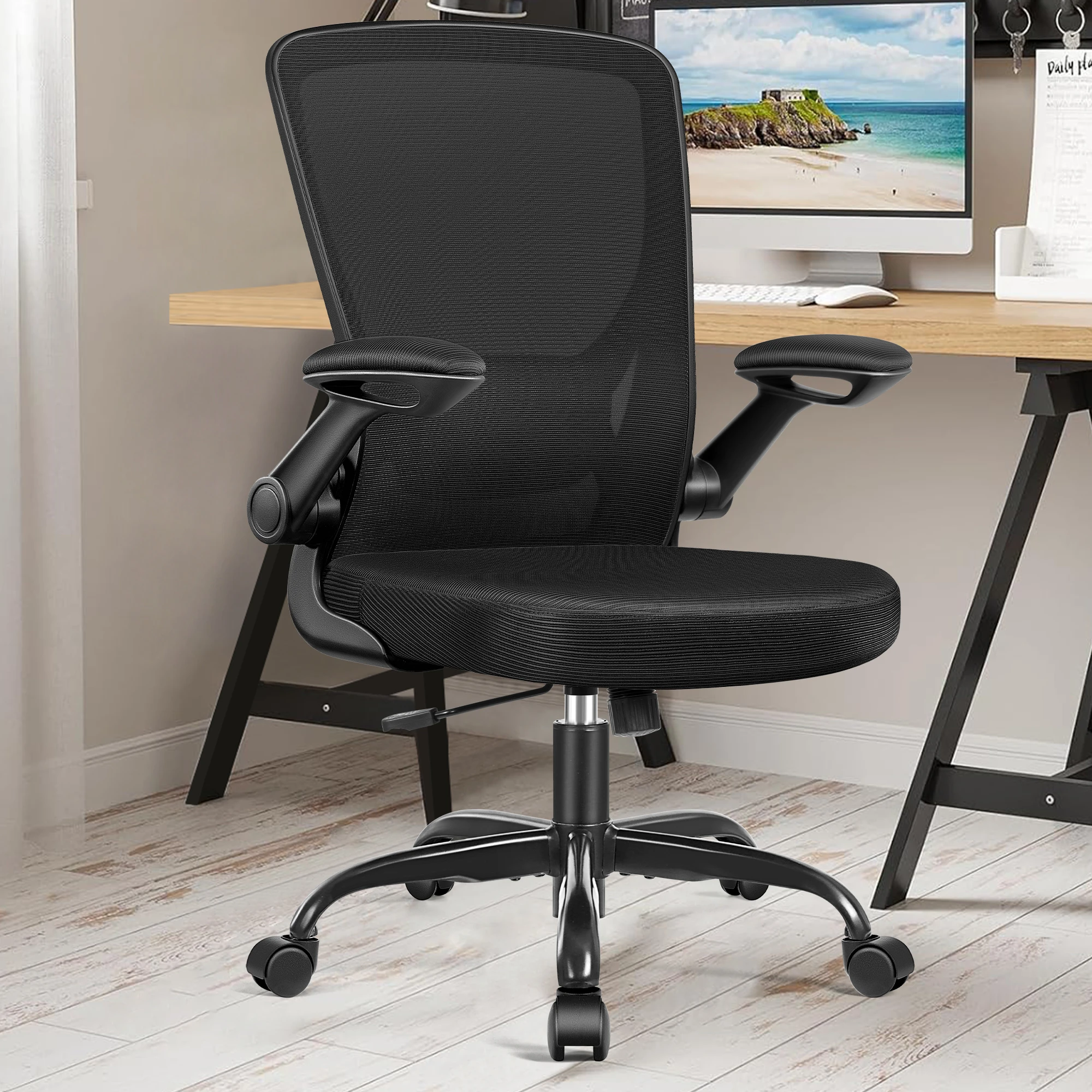 KERDOM Office Chair, Computer Chair with Lumbar Support and Armrest, Ergonomic Office Chair Rolling Wheels and Adjustable Height, Home Desk Chair with Sponge Seat, Black
