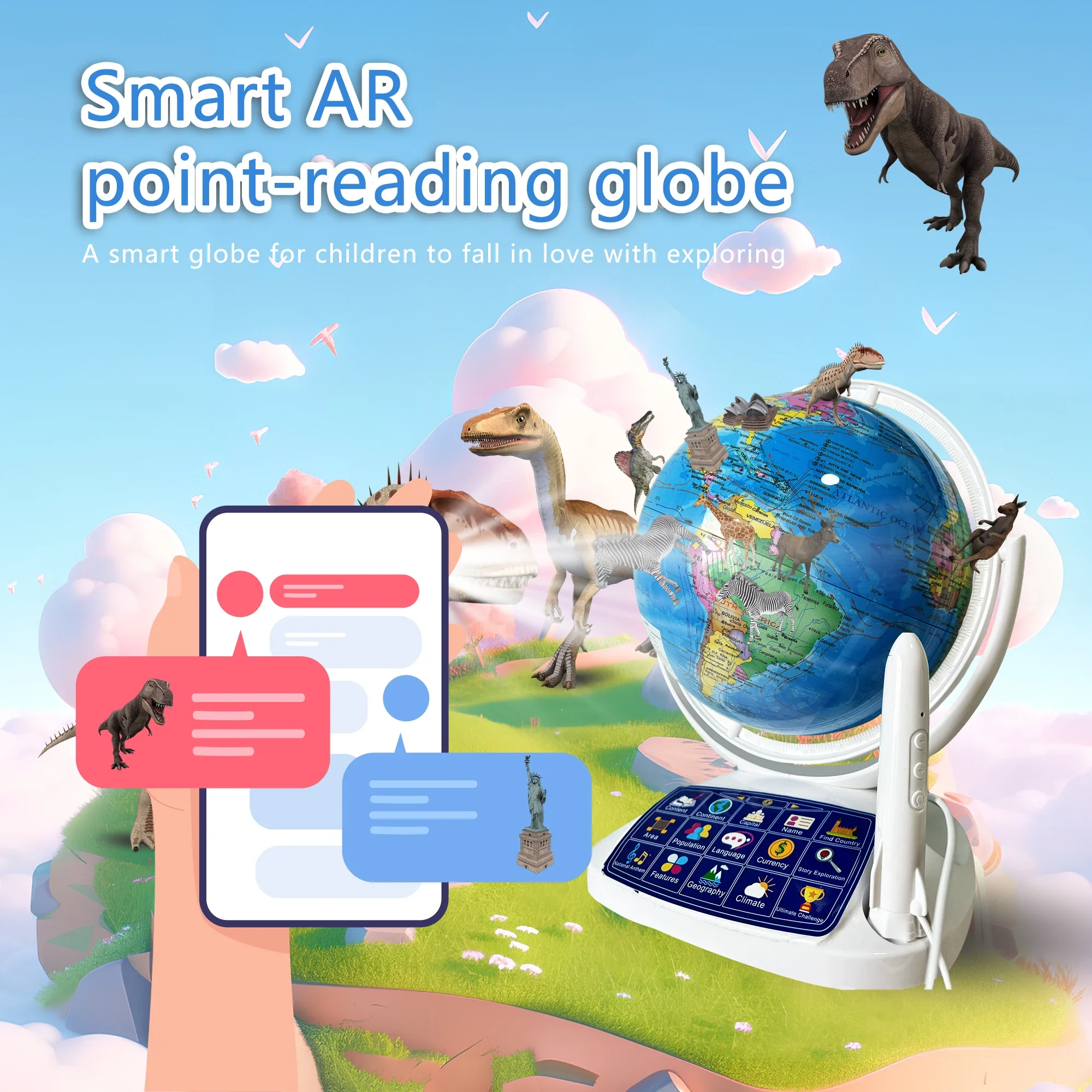 AR Interactive Smart Globe Kids 3D Point Read Educational Geography Toy with Night Light, Learning Globe Kids Interactive Globe