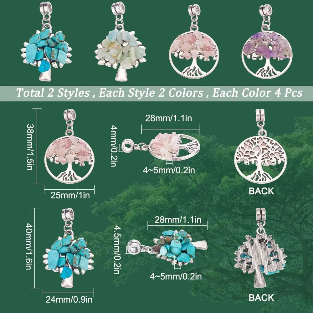 1 Box 16Pcs 4 Styles Tree of Life Crystal Charm Silver Flat Round Plant Tree Charm Bulk Amazonite Amethyst Rose Quartz Turquoise