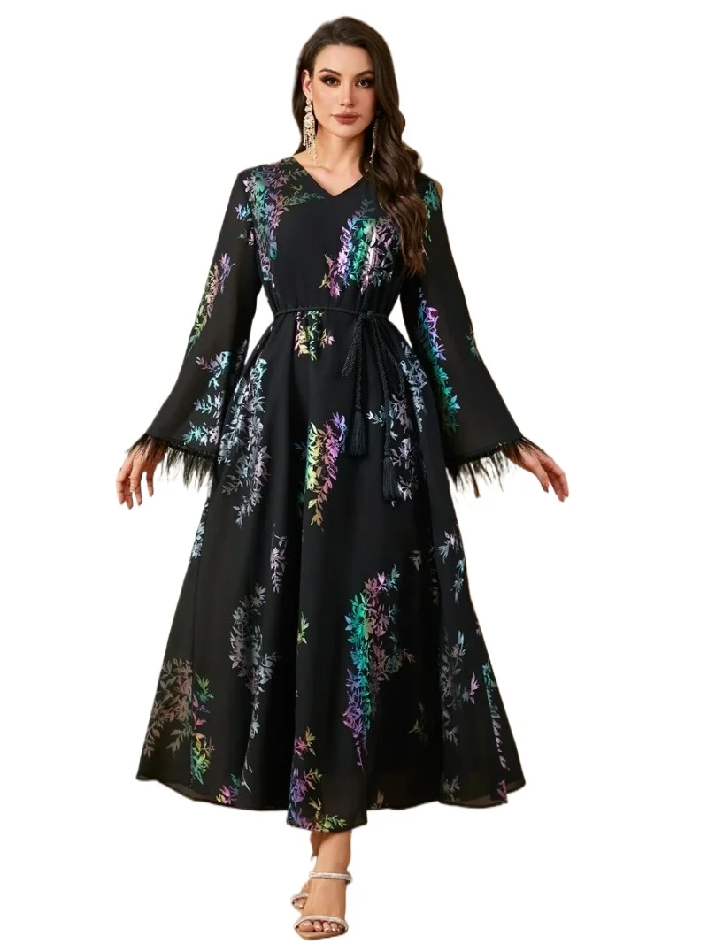 

Dubai Gold Stamping Maxi Dress Feathers Sleeves Belt included Fashion Printing Moroccan Women Clothes