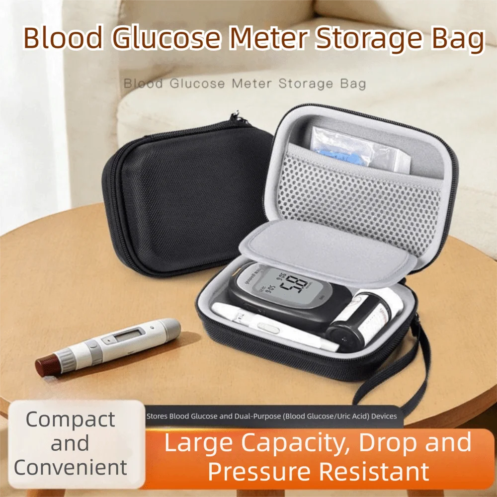 Portable Blood Glucose Meter Case Hard Shell Dividers Diabetes Protective Pouch Wear-resistant with Wrist Strap
