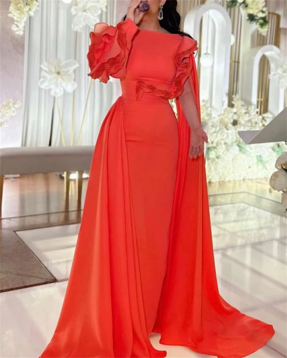 

Flowers Evening Gown Fold Satin Prom Dresses Exquisite Jewel Sheath Celebrity Occasion Saudi Arabia Women's Formal Request Party