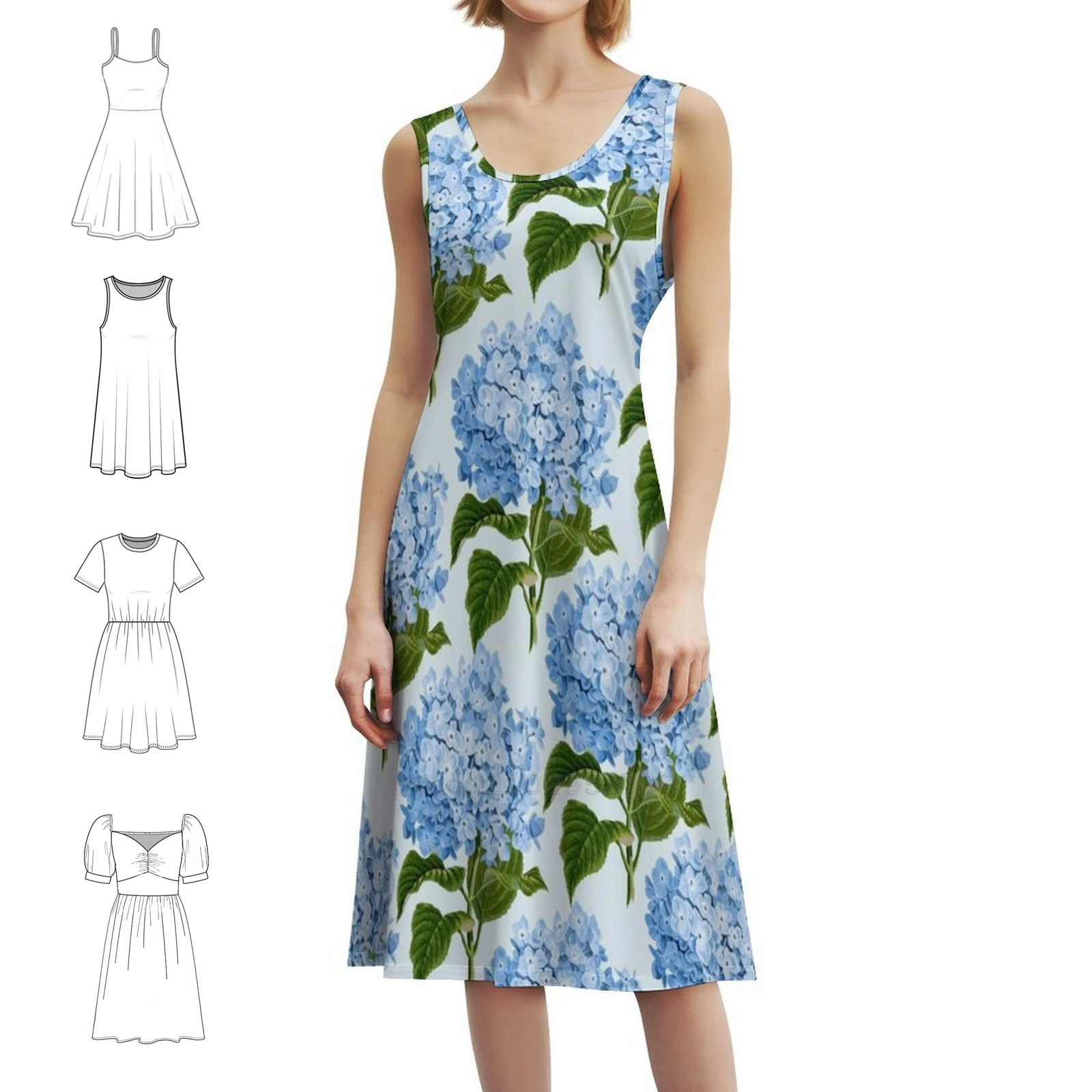فستان كاجوال على الطراز الكوري مطبوع عليه زهور باللون الأزرق للنساء فساتين مكتب يومية بسيطة للسيدات أزرق أخضر أبيض Hortensia Floral #1