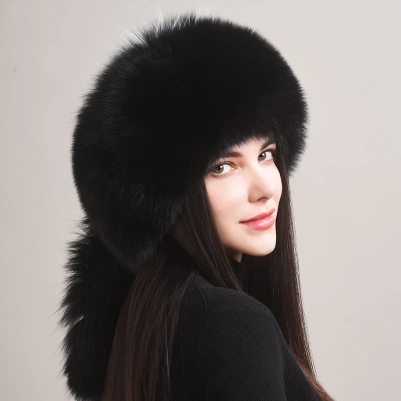 Winter Fur Hat Women Natural Raccoon Fox Fur Russian Hats Winter Outdoor Thick Warm Bomber Ears Caps